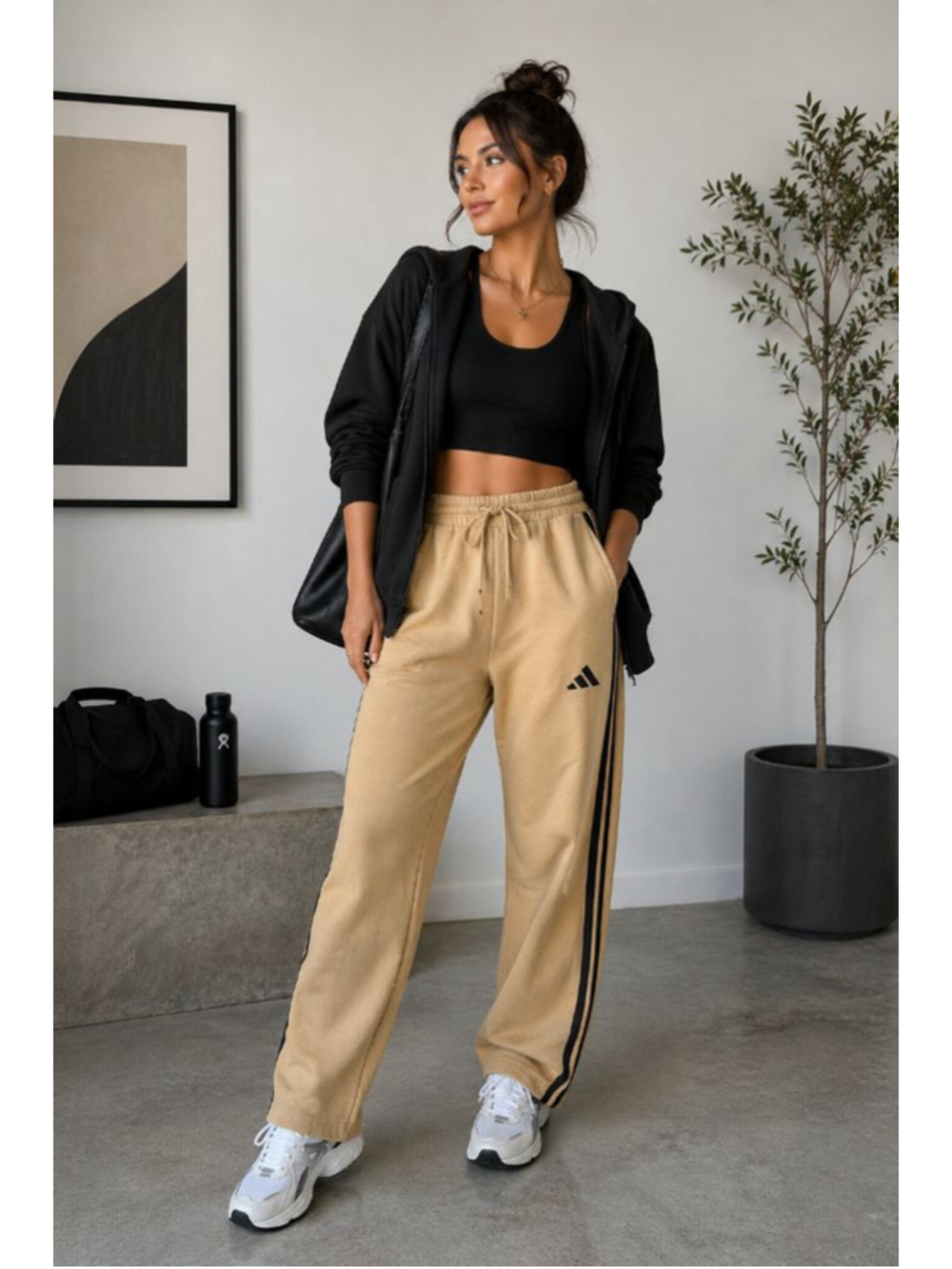 adidas Essentials 3-Stripes Loose-Fit Fleece Pants - Beige/Black (NWT) S